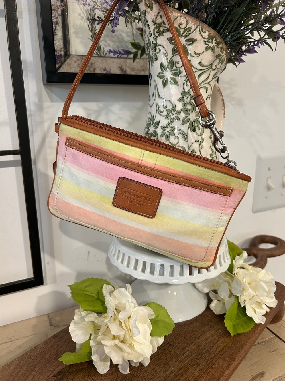 Coach Striped Canvas Wristlet in Pink, Peach, Yellow & Cream